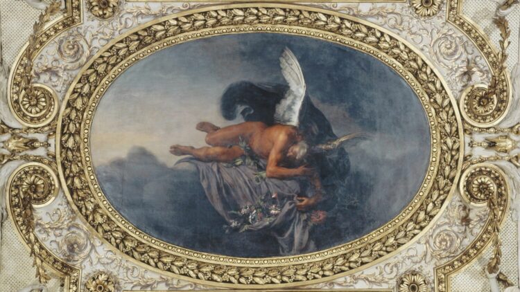 Lukisan Le Soir, oleh Charles Le Brun, menggambarkan Morpheus (dewa mimpi) beristirahat di gua dikelilingi bunga poppy. (1669) (Louvre)