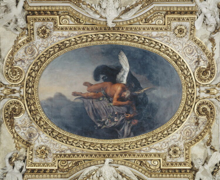 Lukisan Le Soir, oleh Charles Le Brun, menggambarkan Morpheus (dewa mimpi) beristirahat di gua dikelilingi bunga poppy. (1669) (Louvre)