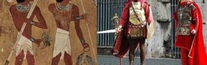 Ilustrasi shendyt (kiri) dan rok prajurit Romawi kuno (kanan). (kompas.com, simplyfreshlaundry.com)