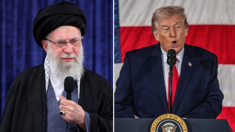Foto potret kedua pemimpin negara, Ali Khamenei (kiri) dan Donald Trump (kanan)