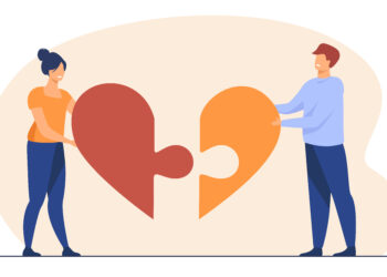 Ilustrasi pasangan bahagia yang melengkapi hati satu sama lain.