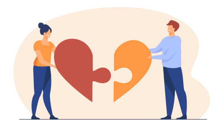 Ilustrasi pasangan bahagia yang melengkapi hati satu sama lain.