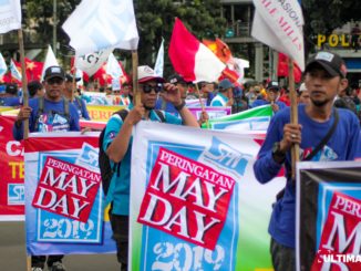 Barisan para buruh yang ikut dalam aksi May Day pada Rabu (01/05/19) di kisaran Patung Kuda Arjuna Wiwaha, Gambir, Jakarta Pusat. (ultimagz)