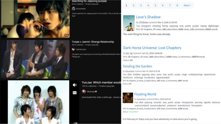 Kompilasi cuplikan dan tulisan fiksi karya penggemar TVXQ bertema shipping. (YouTube, asianfanfics.com)