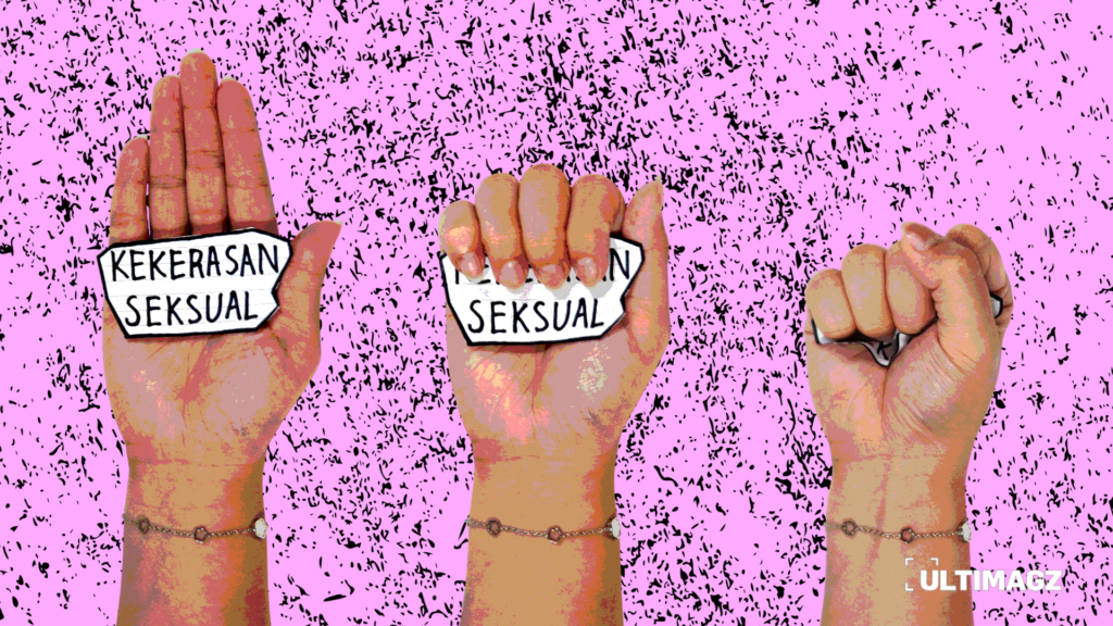 Ilustrasi anti kekerasan seksual yang terinspirasi dari karya “Tangan Bicara, Pelaku Tak Berdaya” oleh Diani Apsari. (ULTIMAGZ/Gabri Perboire)