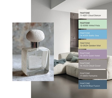 Penerapan Cloud Dancer oleh Pantone sebagai Color of The Year 2026 pada berbagai media warna.