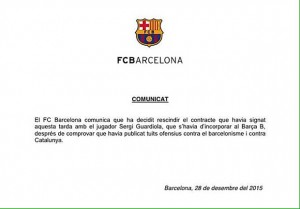 Pernyataan resmi Barcelona terkait pembatalan kontrak Sergi Guardiola, dengan alasan tweet yang ofensif