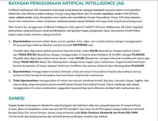 Kriteria penggunaan AI yang berlaku di prodi DKV UMN. (elearning.umn.ac.id)